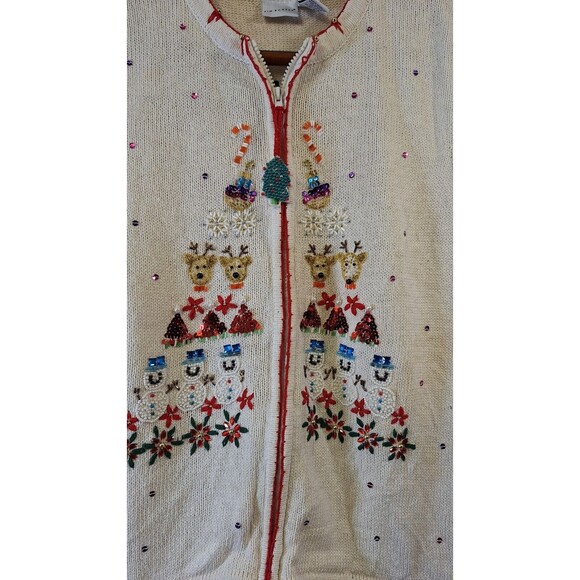 KIM ROGERS Full Zip Christmas Sweater Vest XL Embroidered Beaded Holiday Ugly - Picture 5 of 9